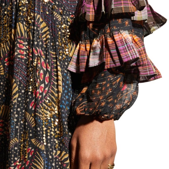 Farm Rio "Black Wild Bananas" printed dress with plaid ruffles and trim - Picture 5 of 5